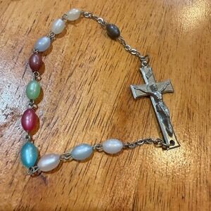 Vintage Multi Color Moonstone Bead Rosary Bracelet Silver Tone INRI Crucifix